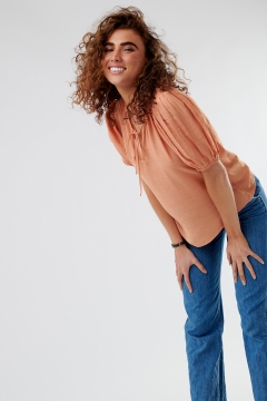 womens orange tie neck puff sleeve top